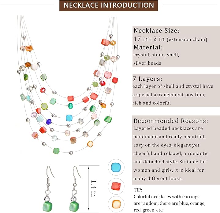 Multi-Layer Boho Shell Beaded Necklace for Women Colorful Crystal Strand with Silver Beads Statement Collars Necklace and Earrings Costumes Jewelry Sets for Women
