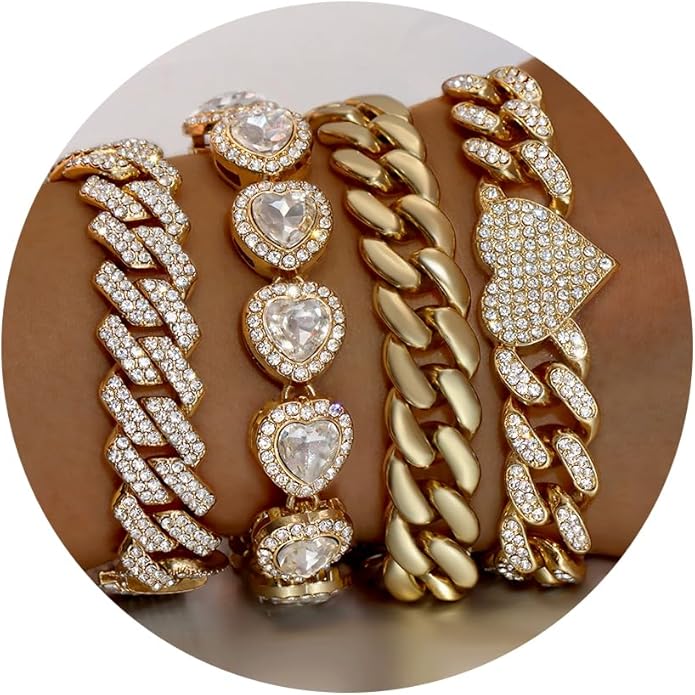 shopbyskyler 4PCS Gold Bracelets for Women Silver Clustered Tennis Bracelet for Women Heart Round Diamond Cuban Bracelet Layered Link Bracelet Set Fashion Jewelry for Women Set