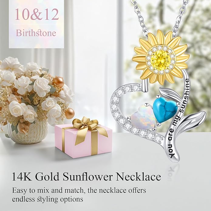 PERJI Valentine's Day Gifts for Women - 925 Sterling Silver Double Birthstone Sunflower Necklace, Anniversary Birthday Jewelry You are My Sunshine Gifts for Wife Couple Girlfriend 18"+2" Non Tarnish