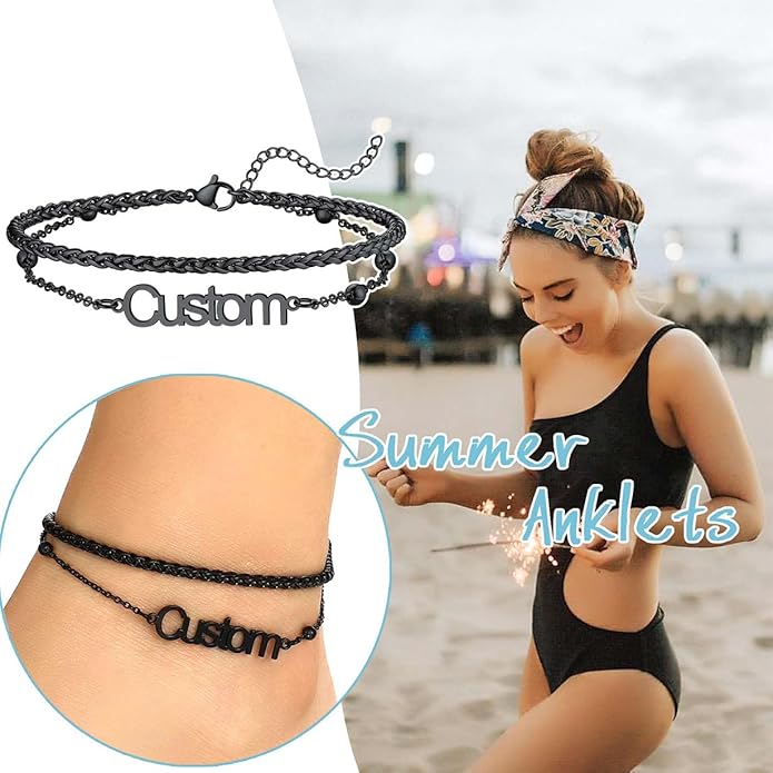 U7 Custom Layered Ankle Bracelets for Women Stainless Steel Bead/Cuban/Figaro/Rope/Wheat Chain Anklet Waterproof Anklet Jewelry for Beach Vacation