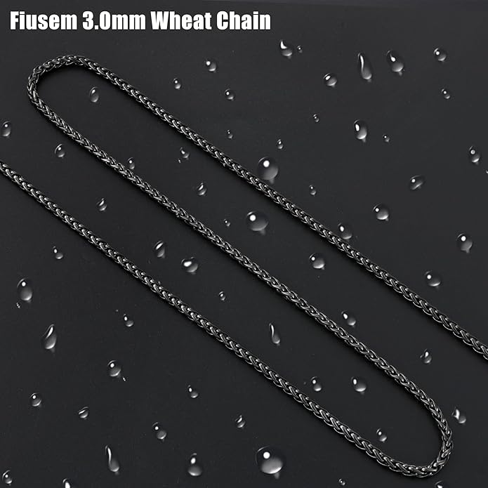 Fiusem Wheat Chains for Men and Women, 2/2.5/3/4/5mm Silver Tone/14K Gold Plated/Black Necklace Chain, Stainless Steel Mens Necklace 16-28 Inch