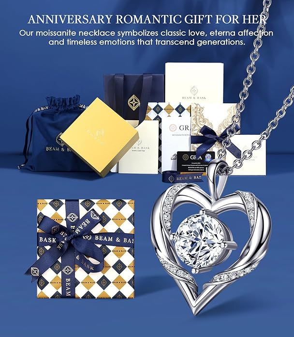 Beam & Bask 2-3 Ct Moissanite Heart Necklaces for Women, 18K Gold Plated Romantic Pendant for Anniversary Birthday, 925 Sterling Silver Jewelry for Wife Girlfriend Mom Her