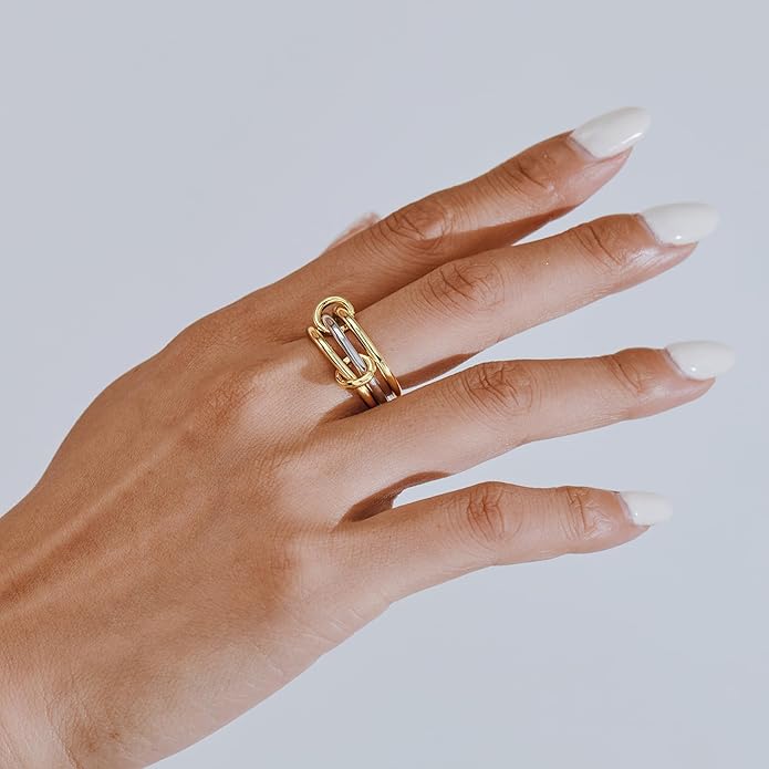 AllenCOCO 14K Gold Plated Stackable Rings, 3 Ring Set with CZ Cubic Zirconia, Gold & Silver Stacked, Multi-Link Connected Interlocking Band for Women Statement Hypoallergenic Upgraded Craft