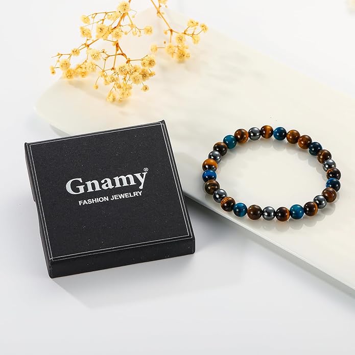 Triple Protection Bracelet for Men, Mens Black Obsidian Hematite Tiger Eye Beaded Natural Stone Evil Eye Bracelet Jewelry Gifts for Birthday Christmas