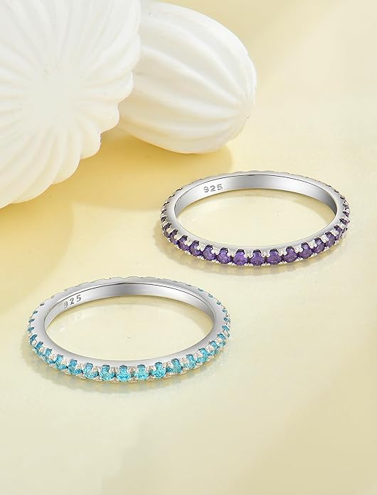 YL Stackable Ring 925 Sterling Silver Wedding Eternity Bands Birthstone Stacking Rings for Women