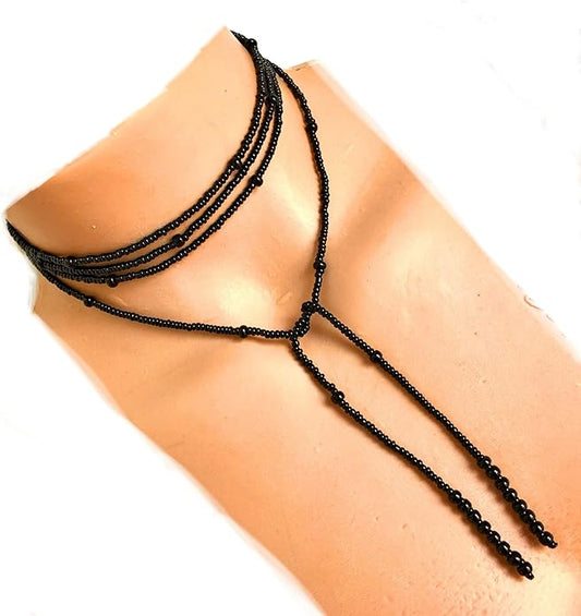 Wrapped Necklace, Black Seed Bead Jewelry, Long Layered Necklace, Tie chokier, Boho Wrapped Choker, Lariat Necklace, Christmas Gift Women