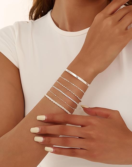 Gold Bracelets for Women 14K Gold Plated Stack Trend Bracelets Charm Paperclip Chain Cuban Link Layered Waterproof Bracelet Dainty Bracelet for Women Jewelry Gifts