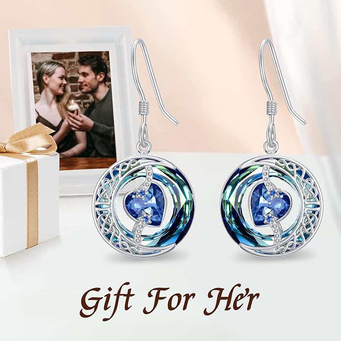 TOUPOP Birthstone Earrings for Women 925 Sterling Silver Moon and Star Dangle Earrings with Blue Crystal BirthdayJewelry Christmas Gifts for Women