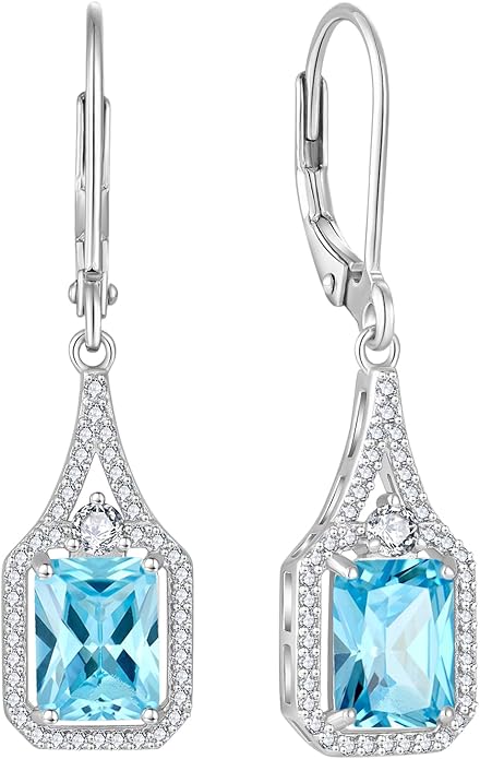 Emerald Cut Dangle Drop Earrings 925 Sterling Silver Halo Rectangular Leverback Earrings Birthstone Jewelry for Women