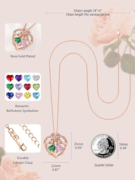 Rose Gold Necklaces for Women Double Birthstone Rose Flower Heart Pendant Necklace Jewelry Anniversary Christmas Valentine's Mother's Day Birthday Gift for Wife Mom Her Girlfriend Sister
