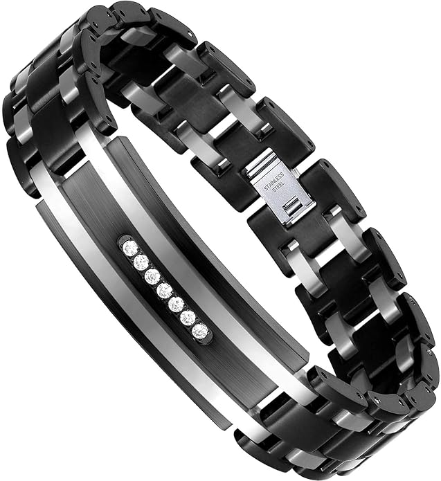 Holizaly Men's Curved Brand Bracelet, Black and Blue Ion Plated Black Gifts Men Women Birthday Valentine's Day Jewelry Gifts Husband Boyfriend Son