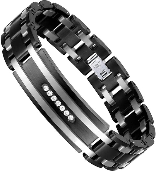 Holizaly Men's Curved Brand Bracelet, Black and Blue Ion Plated Black Gifts Men Women Birthday Valentine's Day Jewelry Gifts Husband Boyfriend Son