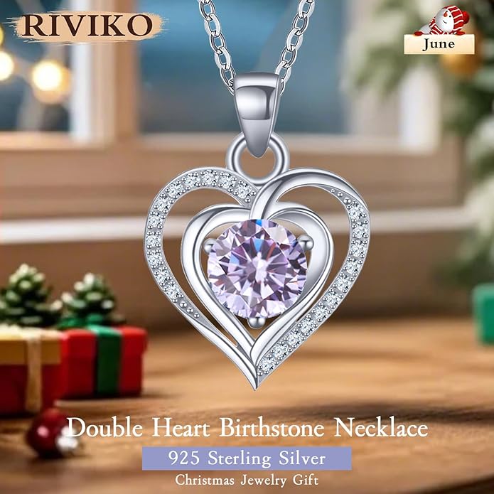 RIVIKO Heart Birthstone Pendant Necklace for Women 925 Sterling Silver Zirconia Necklaces Wedding Anniversary Birthday Mothers Day Jewelry Gifts For Her Mother Wife