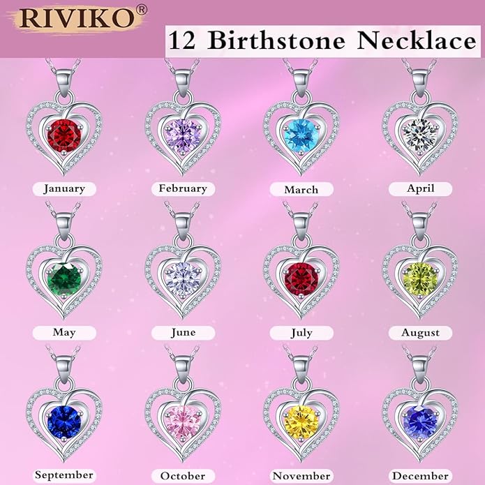 RIVIKO Heart Birthstone Pendant Necklace for Women 925 Sterling Silver Zirconia Necklaces Wedding Anniversary Birthday Mothers Day Jewelry Gifts For Her Mother Wife