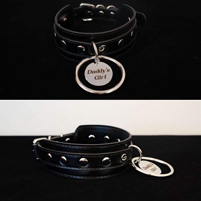 Black O-ring Leather Choker Collar for Women, Gothic Punk Style Adjustable Choker Necklace with Rivets and Engraved Letters Steel Tag