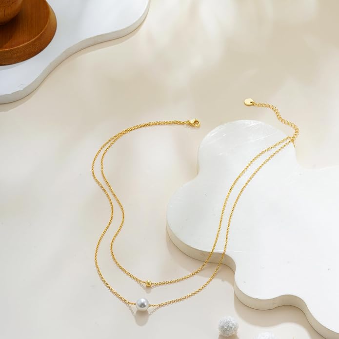 Gold Pearl Necklaces for Women Trendy, 14K Gold Plated Dainty Necklace Simple Layered Pearl Necklaces for Women Trendy Wedding Birthday Jewelry