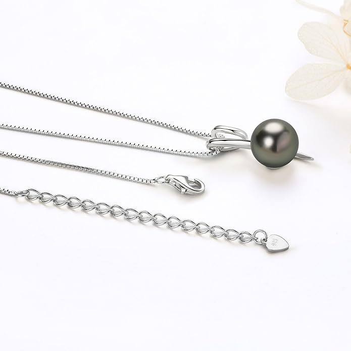 Tahitian Black Pearl Necklaces for Women, Sterling Silver Single Pearl Pendant Necklace Birthday Anniversary Jewelry Gifts for Wife Mom