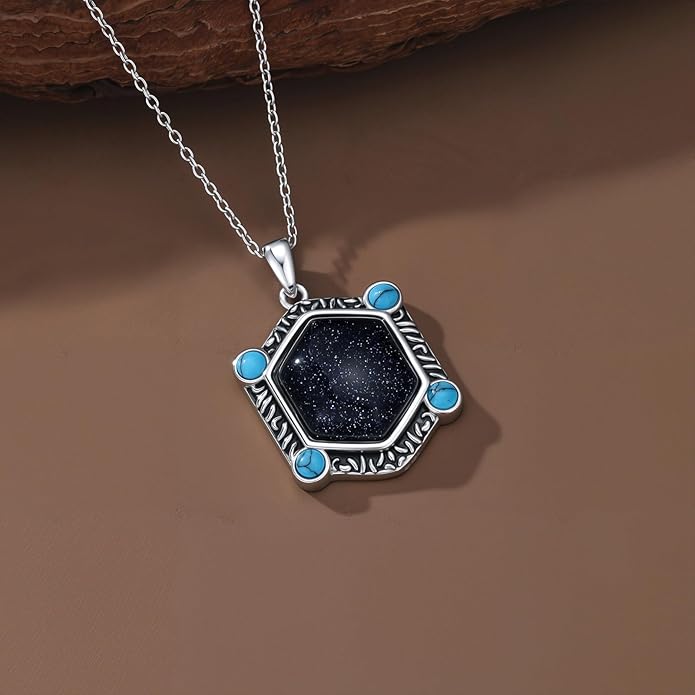 Unisex Vintage Bohemian Necklace Hexagon Blue Sandstone Pendant Necklace with Turquoise, 18+2" Adjustable Western Chain for Men and Women