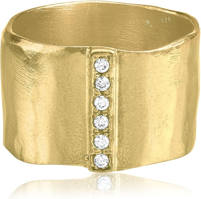 JEAN RACHEL JEWELRY 14K Gold Plated Sterling Silver Ring with 0.18 TCW Cubic Zirconia - Wide Band Hammered Vintage Design - Hypoallergenic, Lead & Nickel Free Jewelry Statement Rings for Women