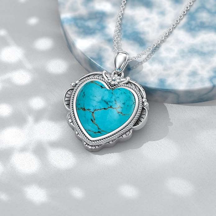 Genuine Turquoise Heart Necklaces for Women 925 Sterling Silver Blue Green Turquoise Pendant Vintage Western Jewelry Gift for Mom Wife Her