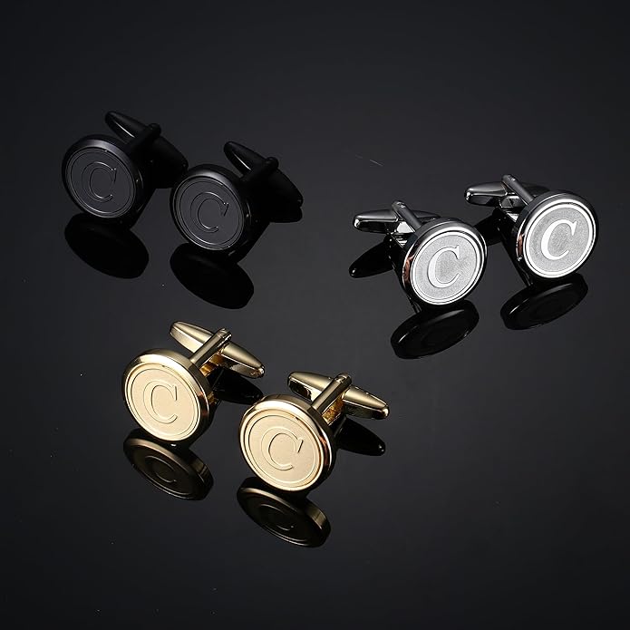 LOLIAS 3 Pairs Initial Cufflinks For Men Classic Mens CuffLinks Set Letter Cuff Links for Casual to Formal with Gift Box Silver Black 14K gold plated Cufflinks for Father Husband