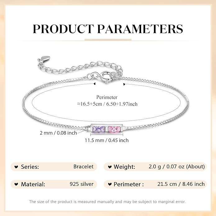 925 Sterling Silver Personalized Mom Birthstone Bracelets for Women — Custom Adjustable Dainty Jewelry for Mother’s Day, Birthday, Christmas Gifts for Mom Grandma Wife