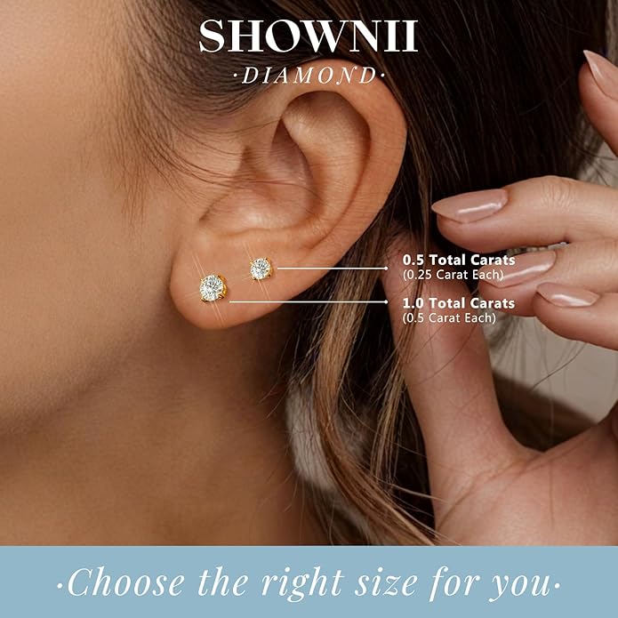 SHOWNII Diamond 4-Prong Lab-Grown Diamond Stud Earrings for Women 0.5CT 1CT 14K Gold Plated S925 Sterling Silver Screw Back Earrings(I-J Color, S1-VS2 Clarity)