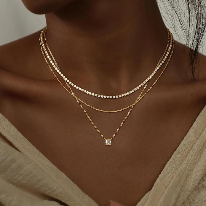 CHESKY 14K Gold Plated Layered Necklaces for Women,Dainty Gold/Silver Plated Chain Necklace CZ Pendant Necklace Adjustable Layering Choker Necklace jewelry Gifts