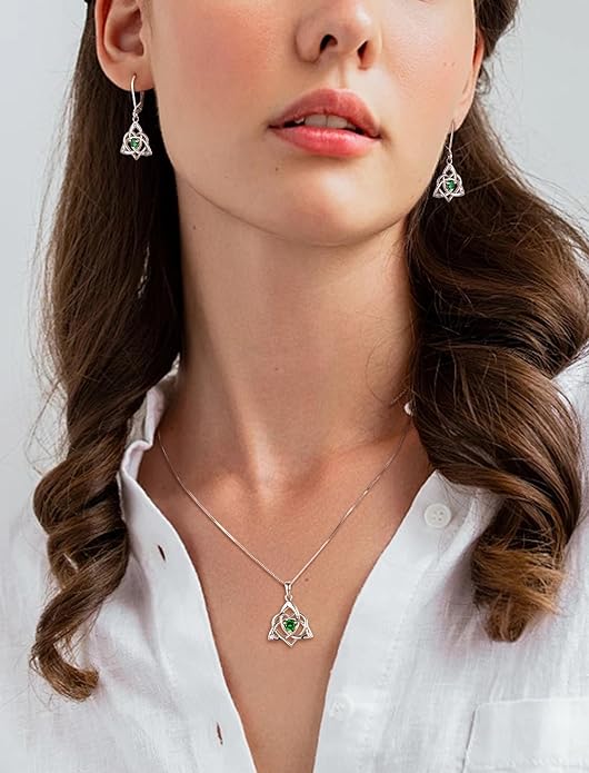 STARCHENIE Celtic Knot Necklace Earrings for Women 925 Sterling Silver Irish Love Knot Pendant May Birthstone Created Emerald Trinity Jewelry Set