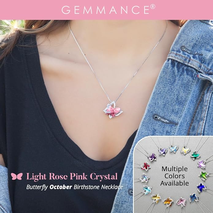 Gift Butterfly Birthstone Crystal Necklace, Silver Tone with 18”+2” Chain, Necklace for Mother’s Day Anniversary Birthday Gifts for Women and Daughter