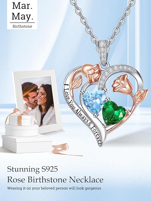 Zeuslia Double Birthstone Necklace Gifts for Wife - 925 Sterling Silver Sunflower/Rose/Crown Cross/Compass/Heart Pendant I Love You Necklace, Anniversary Birthday Gifts for Wife Girlfriend Mom Her