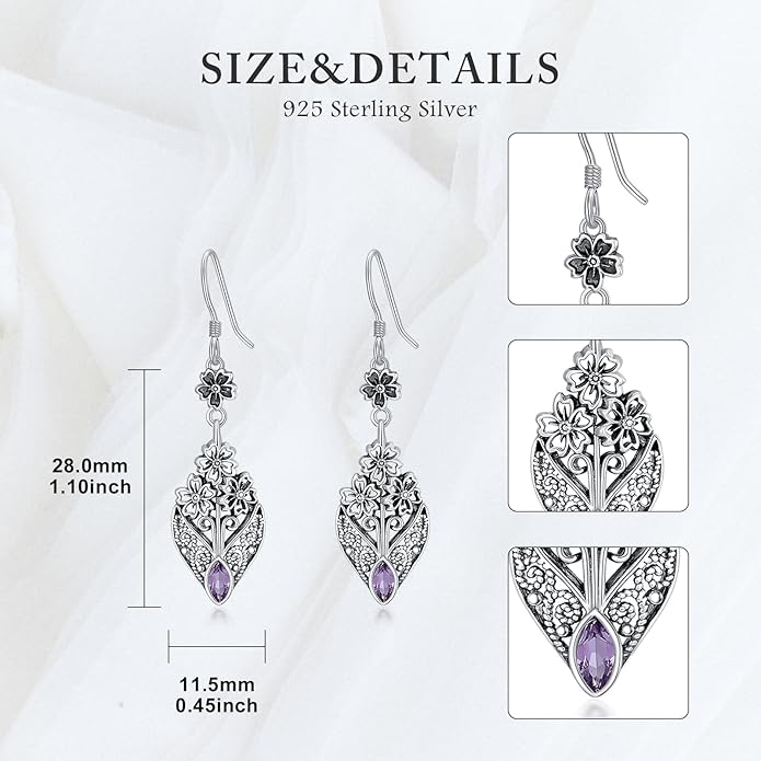 Vintage Floral Filigree Marquise Cut Gemstone Drop Earrings, 925 Sterling Silver Antique Dangle Earrings, Boho Jewelry Gift for Women