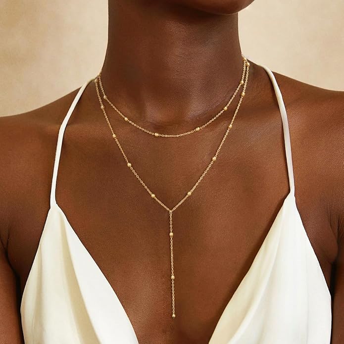 Lariat Gold Necklaces for Women Trendy Dainty Long Necklace 14k Gold Plated/Silver Layered Drop Beaded Chain Necklaces Y-shaped Pendant Necklace Simple Gold Jewelry Gifts
