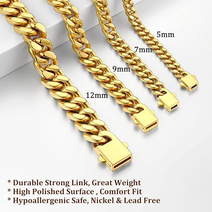 Bestyle Thick Mens Cuban Link Chain Bracelets, Durable Real 18K Gold/Black Metal Plated Solid Stainless Steel Hand Chain Cuban Bracelets for Men, Silver Black Gold Bracelets for Father Husband