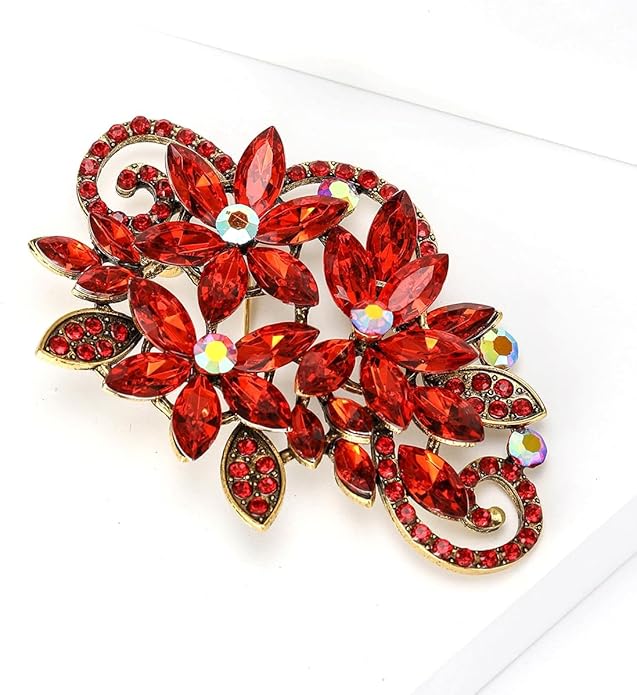YOQUCOL Vintage Red Austrian Crystal Rhinestone Flower Shape Brooch Pin for Women