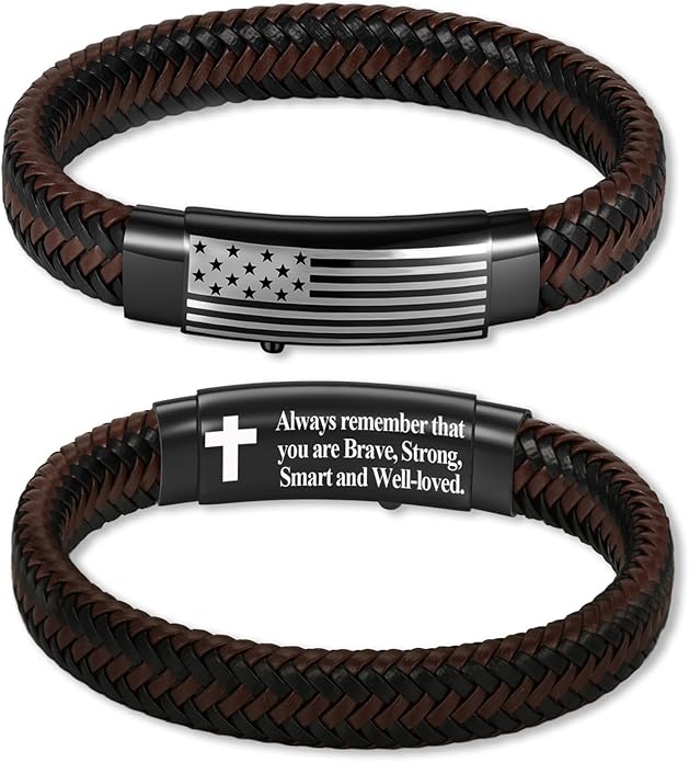 American Flag Leather Bracelet for Men Bible Verse Bracelets Cross Bracelet Christian Jewelry Gift for Men