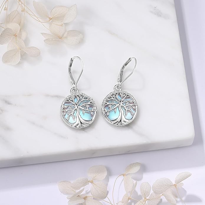 Tree of life Dangle Earrings Sterling Silver Moonstone/Turquoise/Malachite Earrings for Women Filigree Leverback Earrings Jewelry Gifts