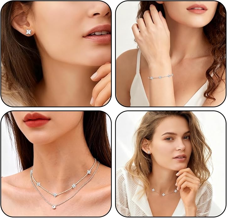 Necklaces Jewelry Set for Women Dainty 14K Silver Plated Four Leaf Bracelet Choker Necklace and Earring Jewelry Set for Women Mom Daughter Gifts