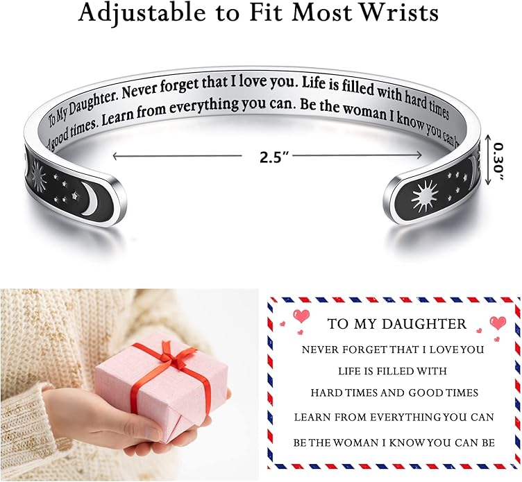 TONY & SANDY Inspirational Bracelets for Women Teen Girls Personalized Gifts for Daughter Granddaughter Mom Sister Friends Stainless Steel Engraved Cuff Birthday Easter Christmas