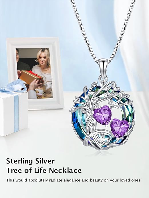 TOUPOP s925 Sterling Silver Family Celtic Tree of Life Pendant Necklaces with 2 Heart Birthstone with Blue Austrian Crystal Jewelry Birthday Anniversary Christmas Gifts for Her Wife Girlfriend Mom (18K Real White Gold Filled)