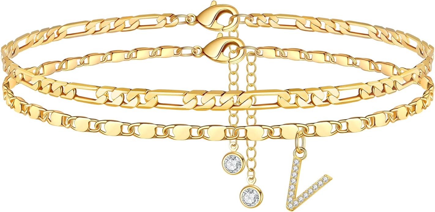 Ursteel Ankle Bracelets for Women, 14K-Gold-Plated Dainty Layered Chain CZ Initial Anklets Set Summer Jewelry Gifts for Women
