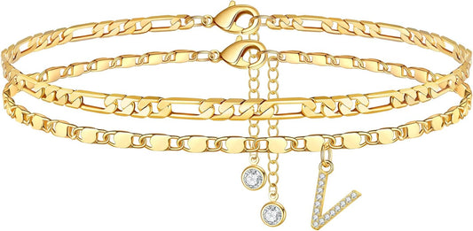 Ursteel Ankle Bracelets for Women, 14K-Gold-Plated Dainty Layered Chain CZ Initial Anklets Set Summer Jewelry Gifts for Women