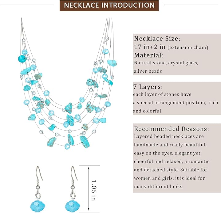 Multi-Layer Boho Shell Beaded Necklace for Women Colorful Crystal Strand with Silver Beads Statement Collars Necklace and Earrings Costumes Jewelry Sets for Women