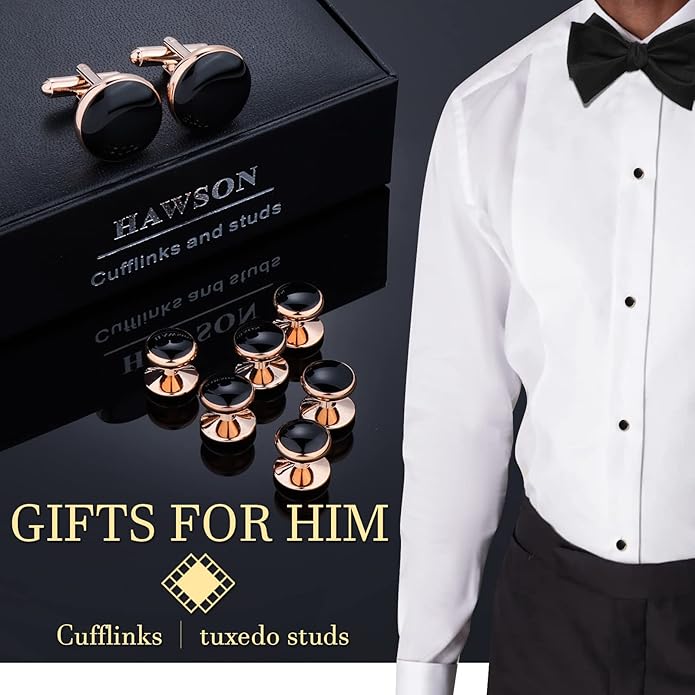 HAWSON Men’s Cufflinks and Tuxedo Studs Set with Gift Box; Men’s Jewelry or Accessories Suitable for Black Suit White Shirts Vest and Red Bow tie on Wedding or Anniversary and Birthday