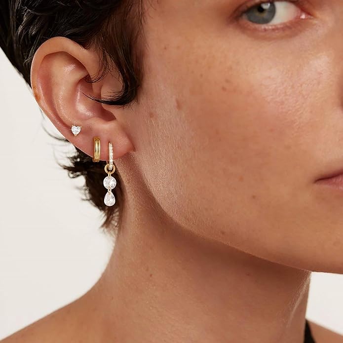 3 Pairs Earrings Set for Multiple Piercings, Gold Plated Studs Hoop Earrings Stack, CZ Dangle Earrings Set, Hypoallergenic for Sensitive Ears, Women's Gift