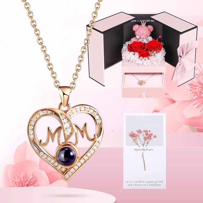 ADDWel Gifts for Mom from Daughter and Son, Unique Mother Birthday Xmas Gift Idea, Preserved Real Roses with I Love You in 100 Languages Mom Necklace, Cool to Mother Mama