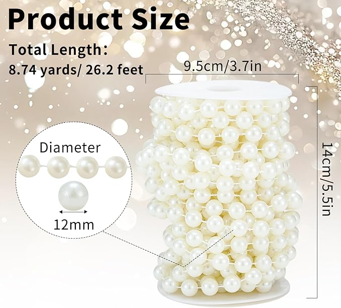 Rytenz Pearls String Bead, Ivory Color Faux Pearl Beads Roll Strand for Wedding Party Christmas Tree and Flowers Decorations Garland DIY Crafts (12mm- 26.2 Feet)