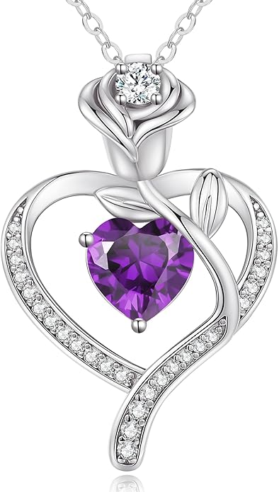 LOUISA SECRET Rose Flower Heart Birthstone Necklaces for Women, 925 Sterling Silver Fine Jewelry, Pendant Heart Necklaces Birthday Anniversary Christmas Gift for Women Wife Mom Girlfriend Lady