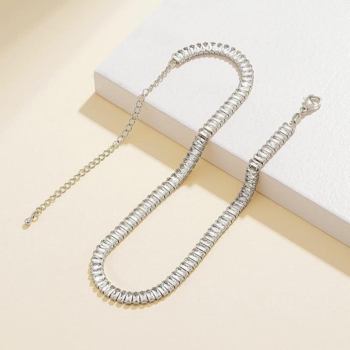 KissYan Diamond Tennis Necklace for Women, 14K/White Gold Plated Cubic Zirconia Baguette Tennis Chain Chunky Paperclip Link Cuban Choker Necklace Dainty Jewelry Gifts