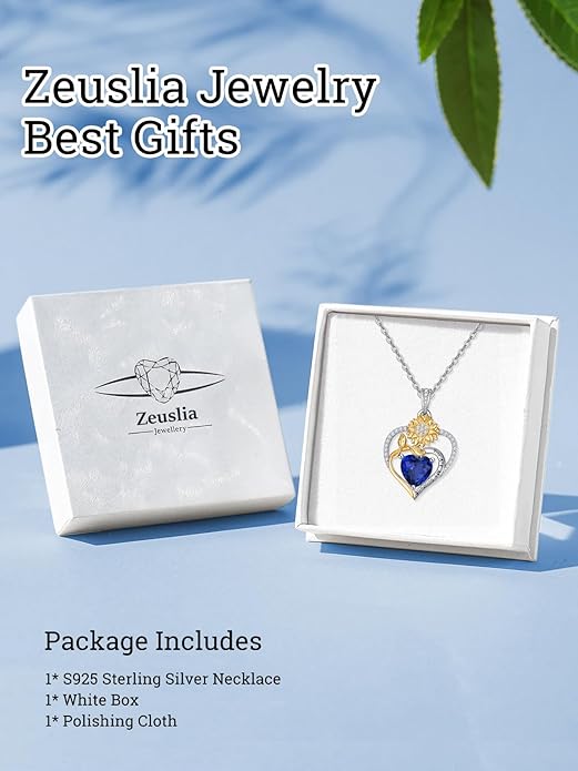 Zeuslia Double Birthstone Necklace Gifts for Wife - 925 Sterling Silver Sunflower/Rose/Crown Cross/Compass/Heart Pendant I Love You Necklace, Anniversary Birthday Gifts for Wife Girlfriend Mom Her